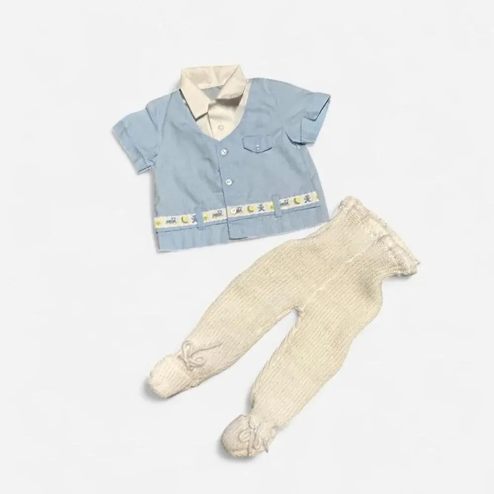 Vintage 70s 0-6 months baby boy outfit blue train button up shirt knit pants